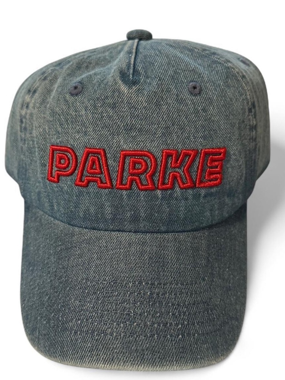 Parker Denim Baseball Cap in Washed Blue with Red Logo